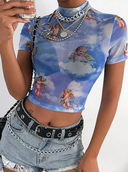 AMY FASHION - Angel Print MeshSexy Graphic Tees Hot Sale Crop Top