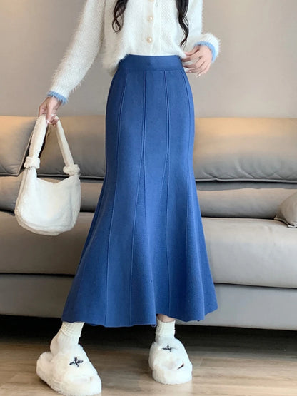 Autumn Winter Knitted Long Korean Fashion Temperament Elegant High Waist Solid Slim Black Fishtail Skirt