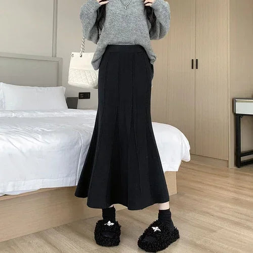 Autumn Winter Knitted Long Korean Fashion Temperament Elegant High Waist Solid Slim Black Fishtail Skirt