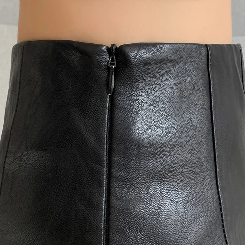 Autumn Winter Leather Pleated High Waist Sexy Black Club Wear Skirt