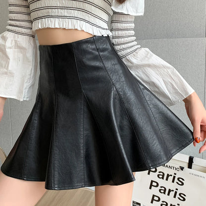 Autumn Winter Leather Pleated High Waist Sexy Black Club Wear Skirt