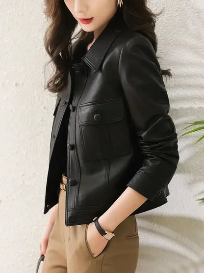 Autumn Winter Leather Lapel Fashion Cool Cardigan Long Sleeve Short Jacket