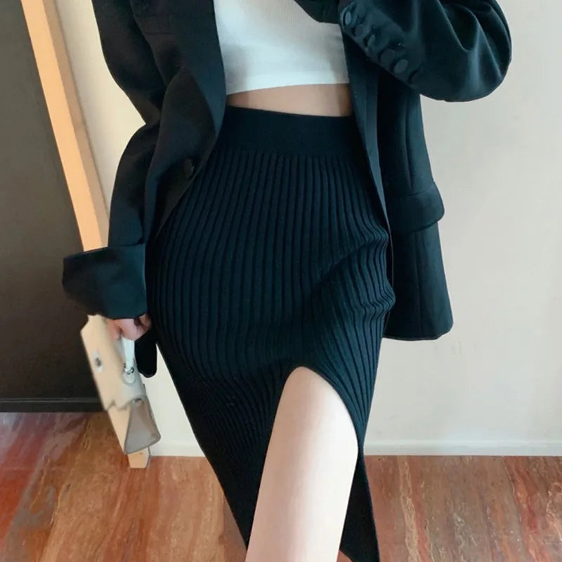 Autumn Winter Split Stretch Slim-Fit Slimming Knitted Sexy High Waist Elegant Solid Color Skirt