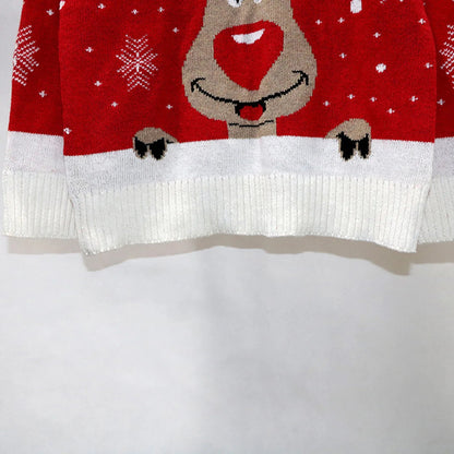 Christmas Sweater with Cartoon Reindeer Print and Fur Collar