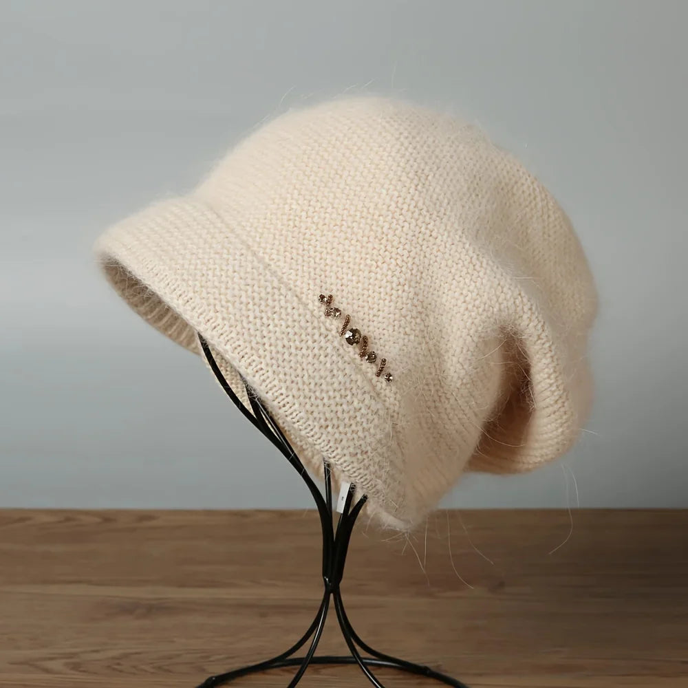 Knitted Double Elastic Diamond Dot Rabbit Hair Hat