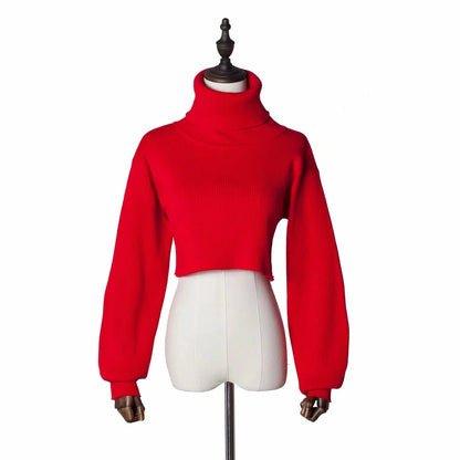 Casual Loose Sexy Solid TurtleNeck Long Sleeve Knit Crop Christmas Sweater