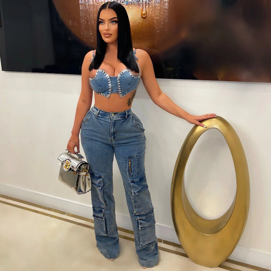 Amy Fashion - Baggy Pocket Denim Wide Leg High Waist Cargo Y2K Streetwear Fashion Denim 2024 Summer Clothes Jean