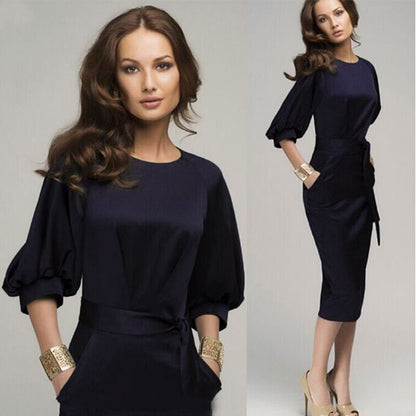 2024 Office Lady Mid-Calf Pencil Dress With Sashes Lantern Sleeve