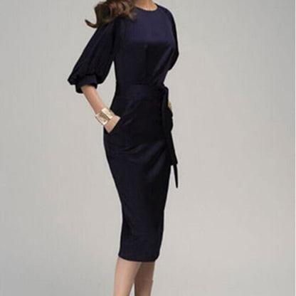 2024 Office Lady Mid-Calf Pencil Dress With Sashes Lantern Sleeve