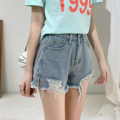 Amy Fashion - Loose Slimming Oversized Wide Leg Mesh Red A-line Hot Black Denim Shorts Summer Jean