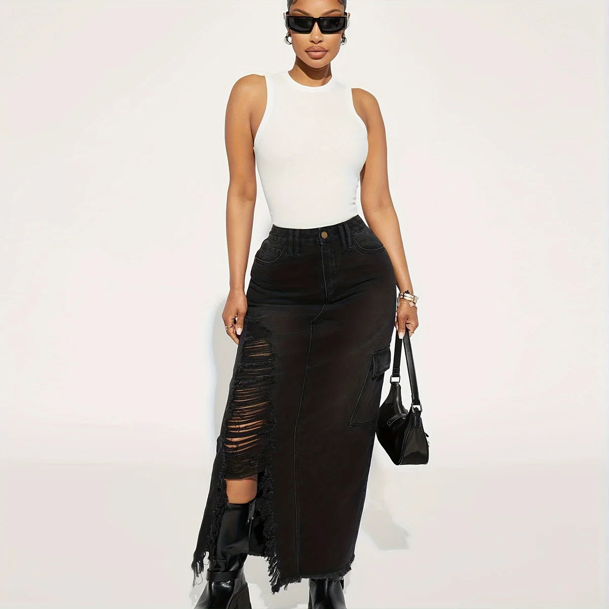 Amy Fashion - Black Flap Pockets Denim Midi Skirt Raw Hem Distressed Washed Cargo Denim Skirt Jean