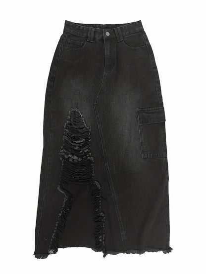 Amy Fashion - Black Flap Pockets Denim Midi Skirt Raw Hem Distressed Washed Cargo Denim Skirt Jean