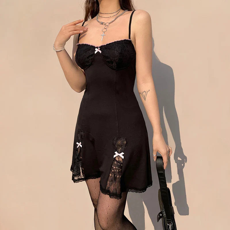 Neck Sleeveless Style V Lace Gothic Grunge Trim Bow Mini Aesthetic A-Line Y2K Dress Lolita Black