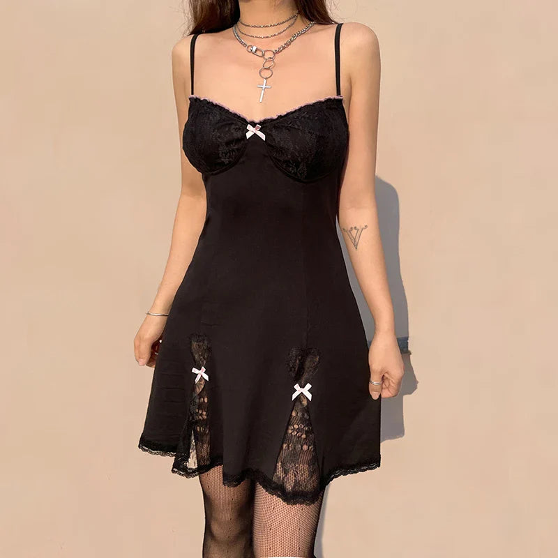 Neck Sleeveless Style V Lace Gothic Grunge Trim Bow Mini Aesthetic A-Line Y2K Dress Lolita Black