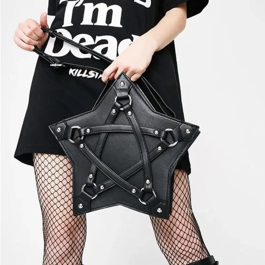 Casual Designer Bag Unisex Punk Retro Pentagram Leather Fashion Gothic Black