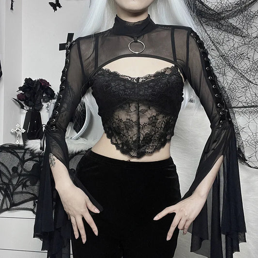 Black Mesh Street Lace-up Punk Eyelet Flared Sleeves Vintage Pullover Crop Top