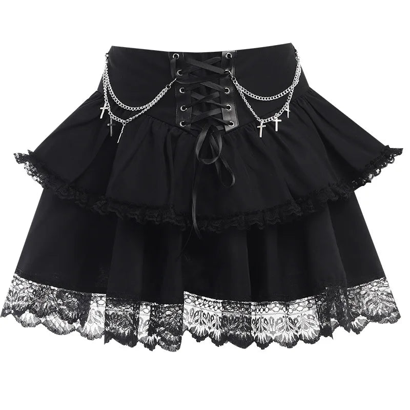 Waist Women Charming Sexy Fairycore Mini Folds Drawstring Ruffle Patchwork Irregular High Gothic Black Skirt