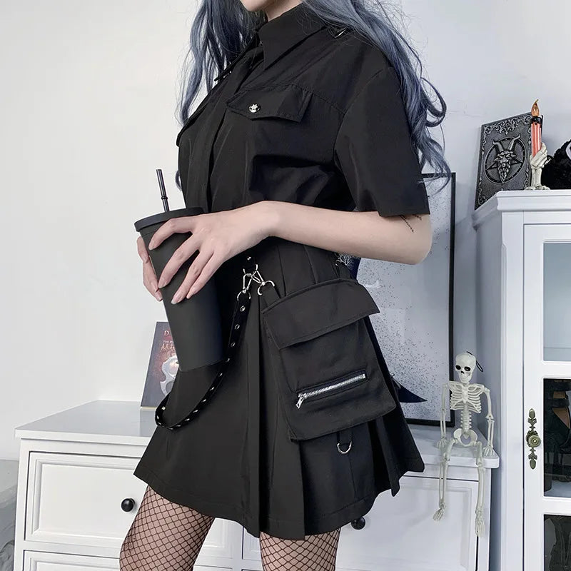 High A-line Irregular Black Waist Pleated Skirt Goth Tooling Waist Chain Gothic Harajuku Y2k Functional