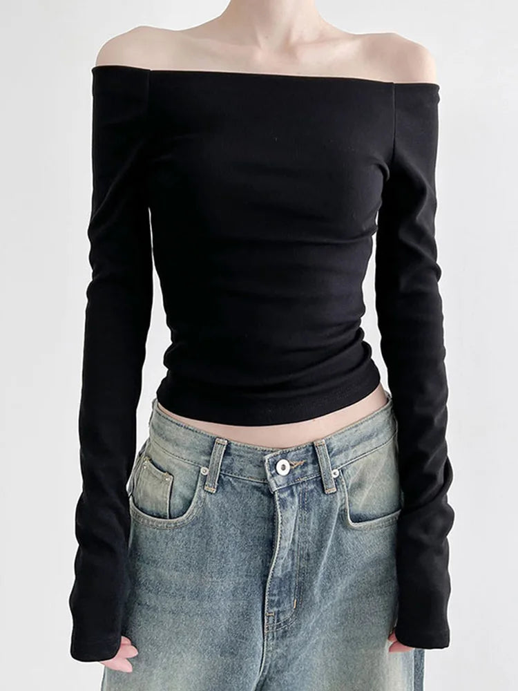 AMY - Elegant Slim Sexy Cropped Black Long Sleeve Korean Fall Crop Top