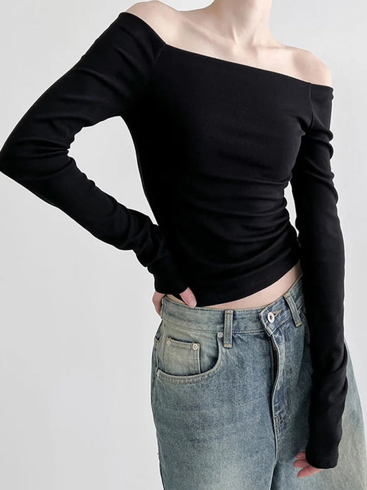 AMY FASHION - Elegant Slim Sexy Cropped Black Long Sleeve Korean Fall Crop Top