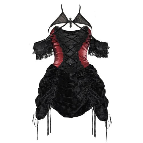 Strap Drawstring Black Gothic Supply Grunge Vestido Dress Autumn Mini Slim Velvet Halloween Red Halter Blood