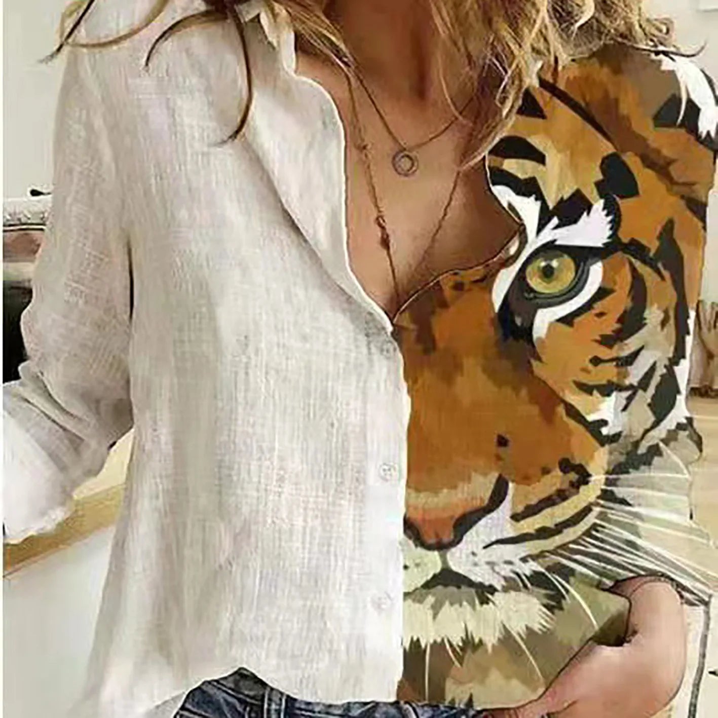 Tiger Loose Lapel Button Office Lady Leisure Streetwear Blouse