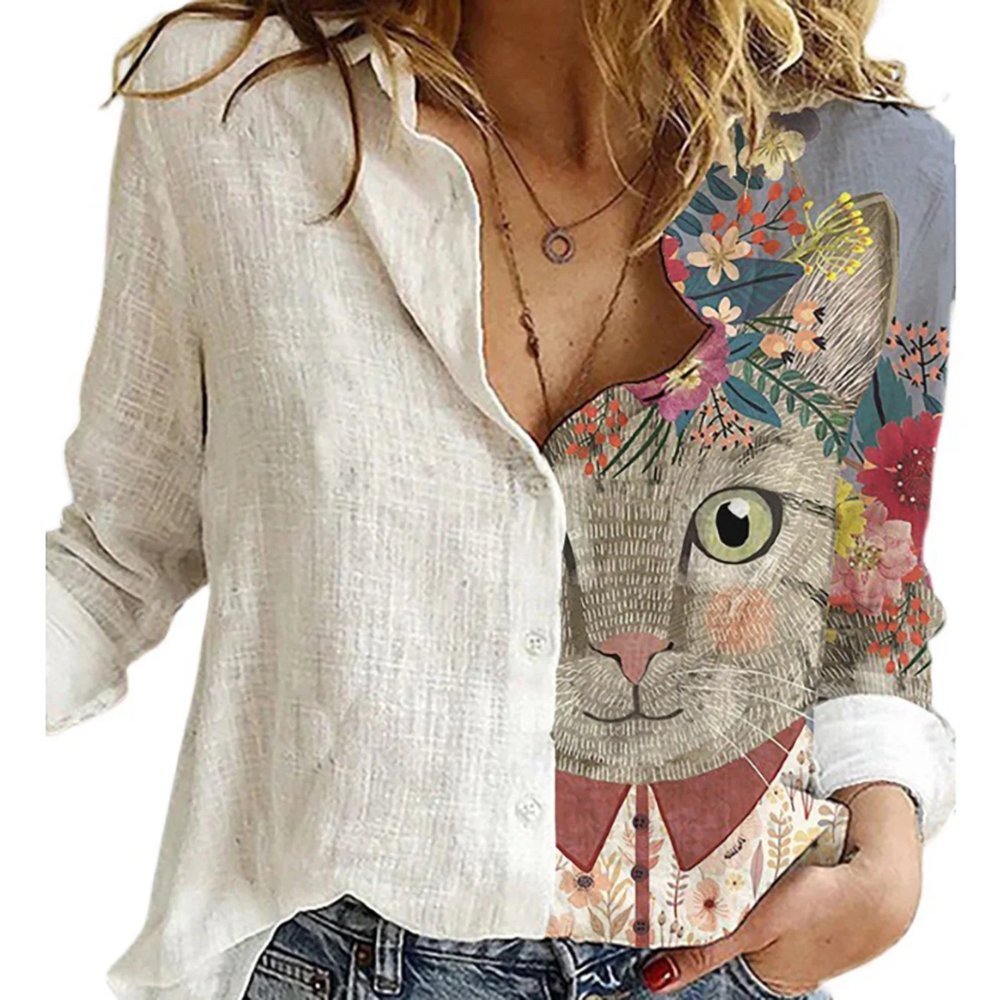 Tiger Loose Lapel Button Office Lady Leisure Streetwear Blouse