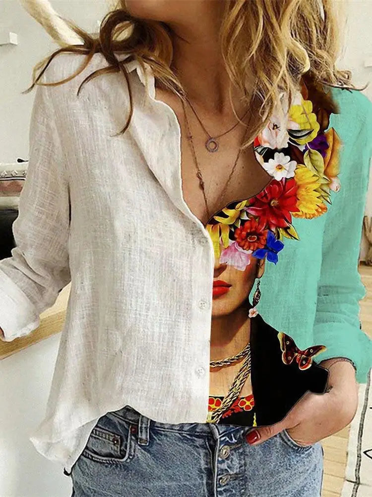 Tiger Loose Lapel Button Office Lady Leisure Streetwear Blouse