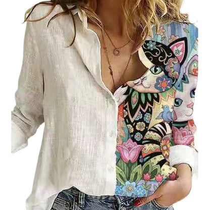 Tiger Loose Lapel Button Office Lady Leisure Streetwear Blouse