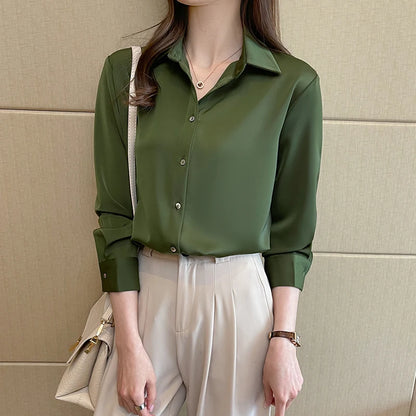 Fashion Silk Long Sleeve Solid Casual Shirts Lady Turn Down Collar White Tops Blouse