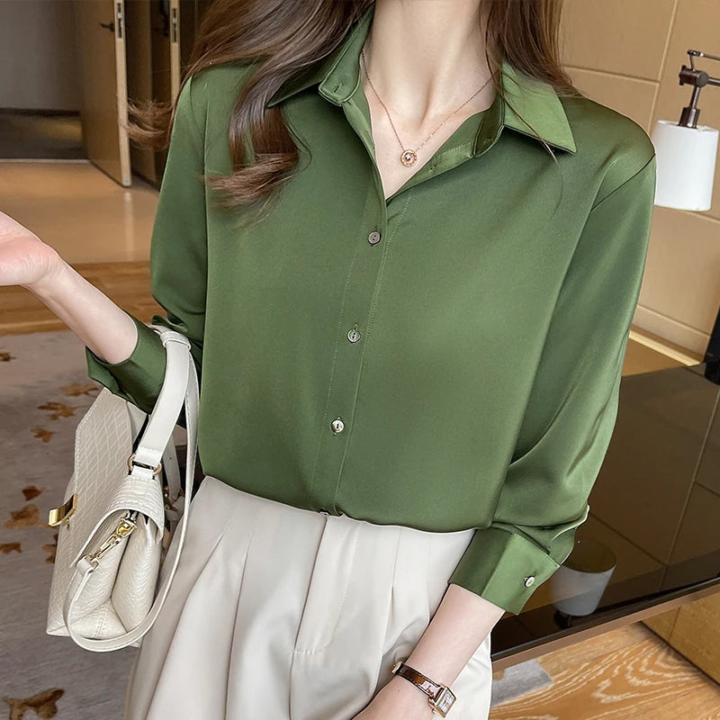 Fashion Silk Long Sleeve Solid Casual Shirts Lady Turn Down Collar White Tops Blouse