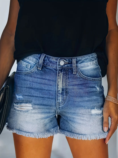 Amy Fashion - Blue Frayed Hem Denim Shorts Ripped Holes Slash Pockets Short Denim Jean