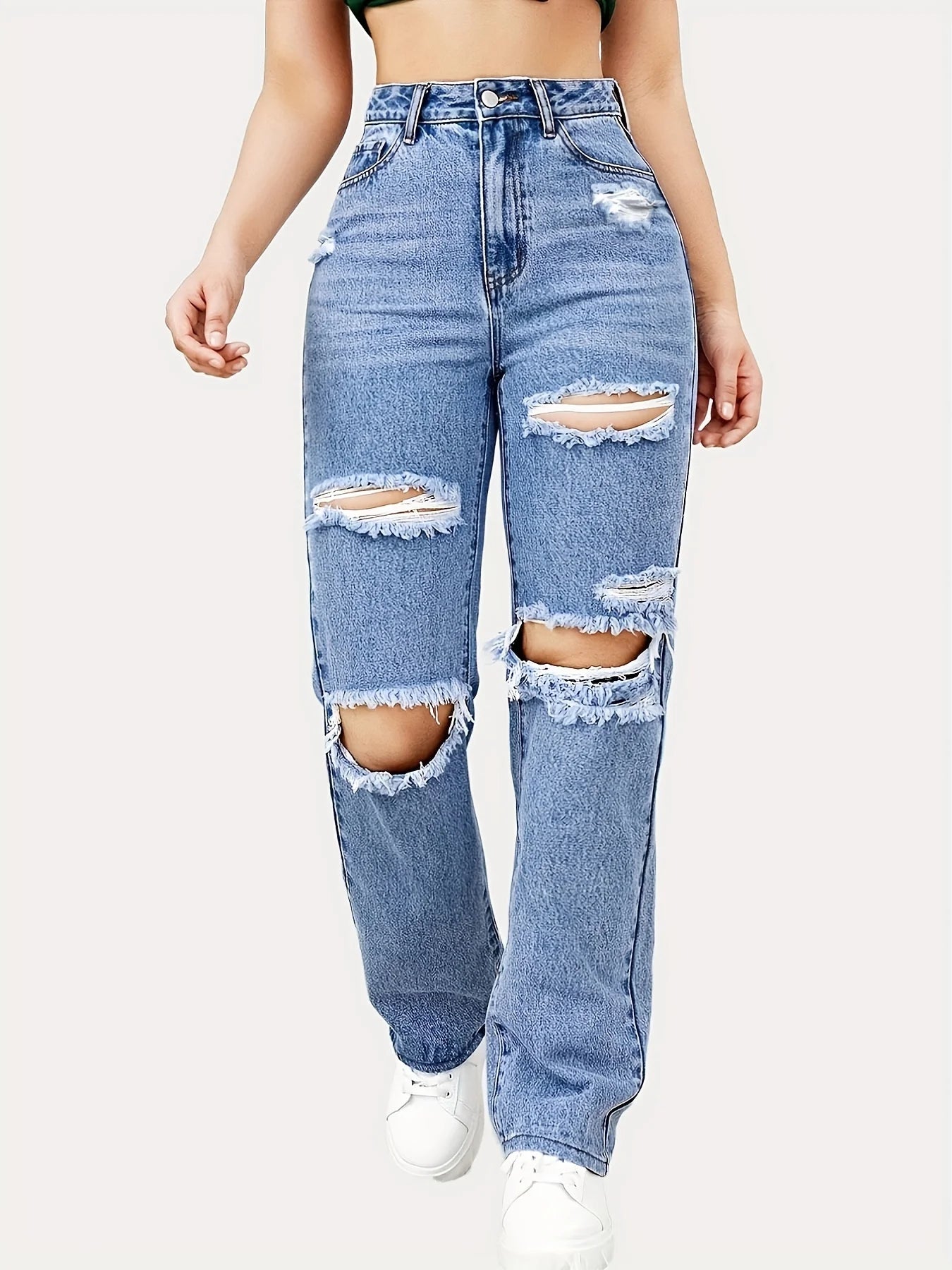 Amy Fashion - Blue Ripped Baggy Straight Slash Pockets Distressed High Waist Loose Fit Denim Jean