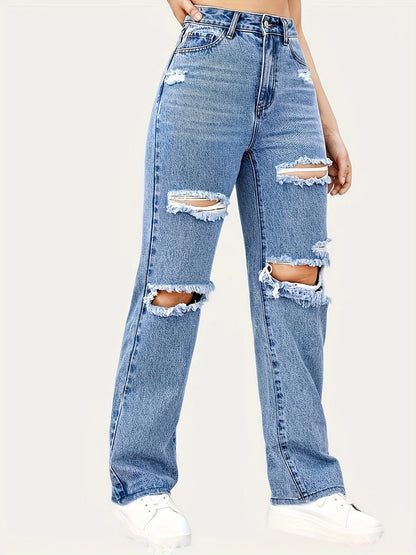 Amy Fashion - Blue Ripped Baggy Straight Slash Pockets Distressed High Waist Loose Fit Denim Jean