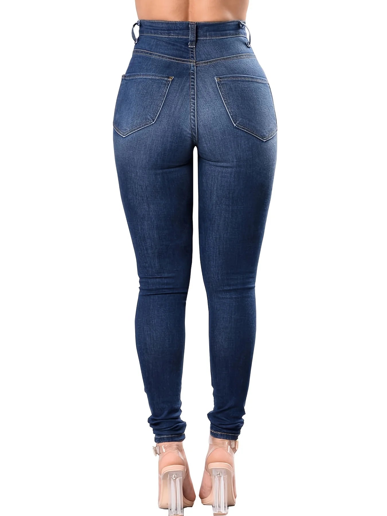 Amy Fashion - Blue Ripped Holes Skinny Distressed High Waist Slim Fit Slash Pockets Denim Jean