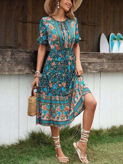 Amy Fashion - Vintage Round Neck A-Line Boho Dress