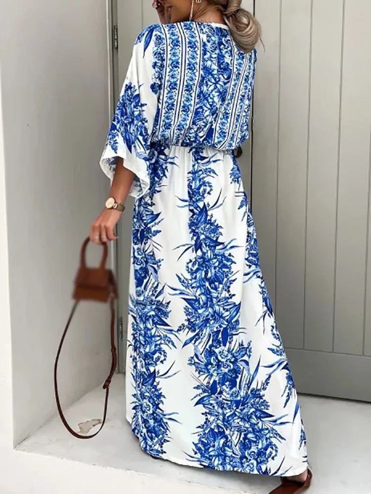 Amy Fashion - 2024 Deep V Neck Waist Drawstring Spring Pattern Vintage Boho Dress