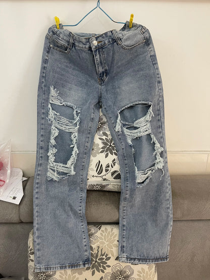 Fashion Loose Ripped Hole Straight Denim Street Trendy Casual Boyfriend Jean