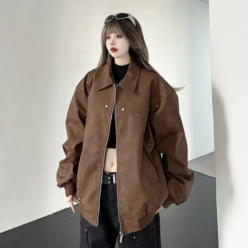 Brown Loose PU Leather Autumn Oversize High-end Rivet Trend Jacket