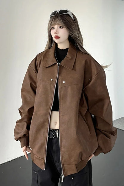 Brown Loose PU Leather Autumn Oversize High-end Rivet Trend Jacket