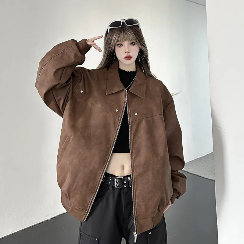 Brown Loose PU Leather Autumn Oversize High-end Rivet Trend Jacket