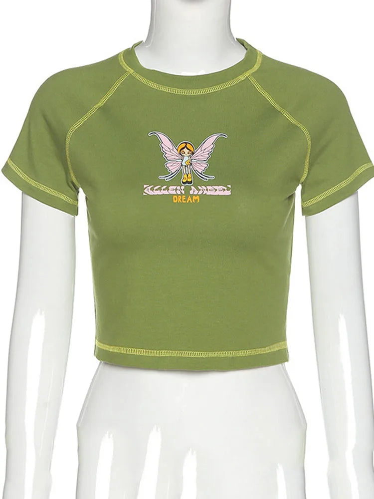 AMY - Butterfly Graphic Green Short Sleeve Vintage Tee Crop Top