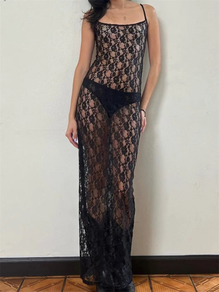 2024 Lace Floral Mesh See Through  Summer Beach Cover Ups Women Sleeveless Strap Solid Slim Vestidos