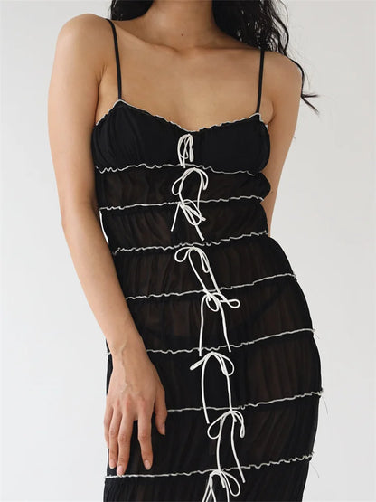 2024 Sexy Women Sleeveless Casual Sling Spaghetti Strap See Through Tie-up  Sexy Y2K Party Vestidos