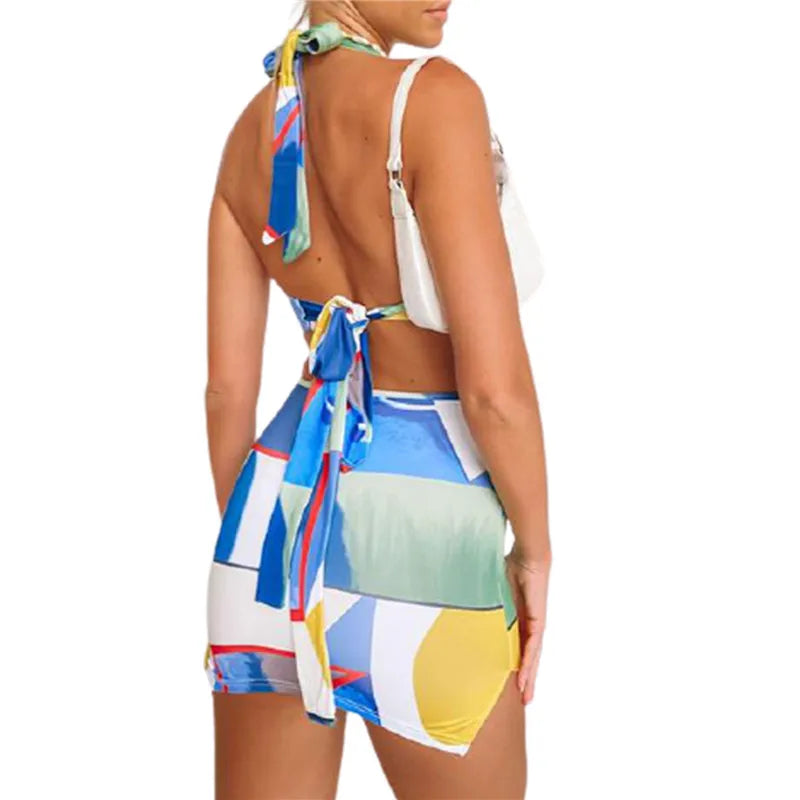 Amy Fashion - Colorful Geomatic Print Sexy Deep V neck Halter Mini Dress