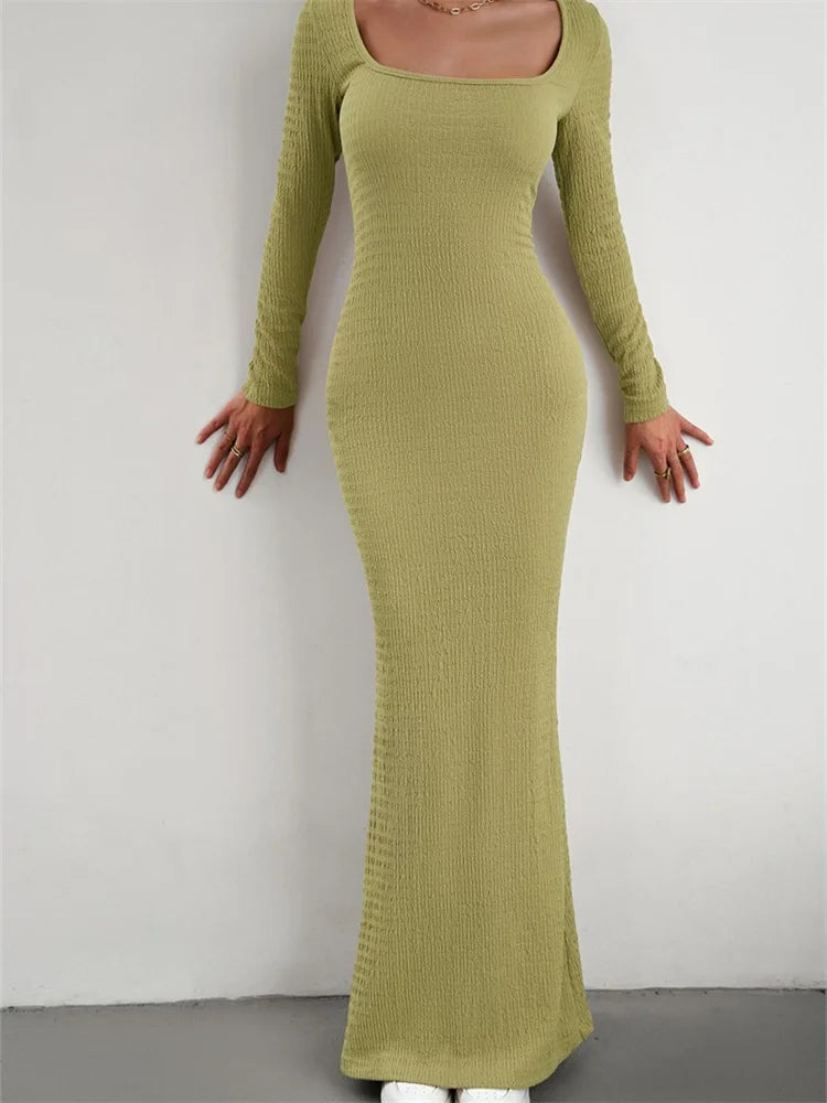 2024 Elegant Women Knitted   Sleeve Square Neck Solid Slim Fit Spring Autumn Cocktail Female Vestidos