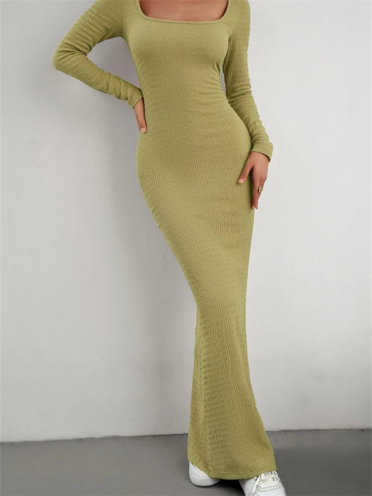 2024 Elegant Women Knitted   Sleeve Square Neck Solid Slim Fit Spring Autumn Cocktail Female Vestidos