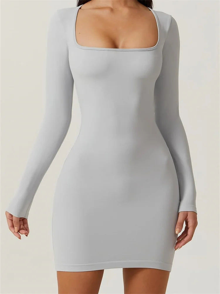 2024 Elegant Long Sleeve Pencil Square Neck Low Mini Dress