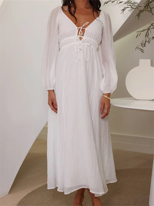 Amy Fashion - Elegant Women Mesh See Through  Lantern Sleeve  Deep V-neck Solid White High Waist Party Beach Vestidos