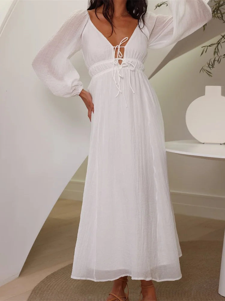 2024 Elegant Women Mesh See Through  Lantern Sleeve  Deep V-neck Solid White High Waist Party Beach Vestidos